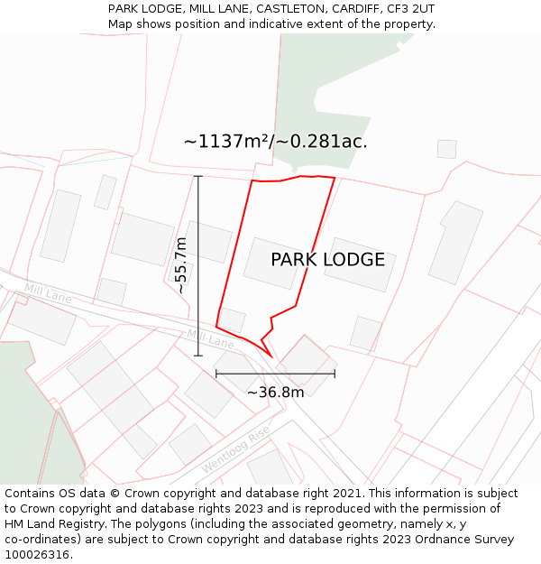 PARK LODGE, MILL LANE, CASTLETON, CARDIFF, CF3 2UT: Plot and title map