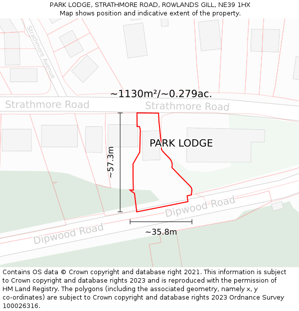 PARK LODGE, STRATHMORE ROAD, ROWLANDS GILL, NE39 1HX: Plot and title map