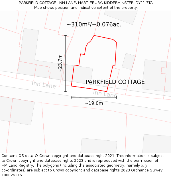 PARKFIELD COTTAGE, INN LANE, HARTLEBURY, KIDDERMINSTER, DY11 7TA: Plot and title map