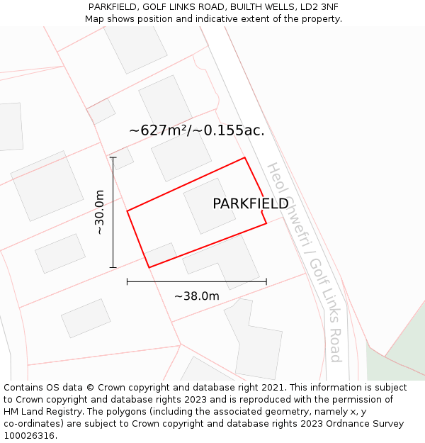 PARKFIELD, GOLF LINKS ROAD, BUILTH WELLS, LD2 3NF: Plot and title map