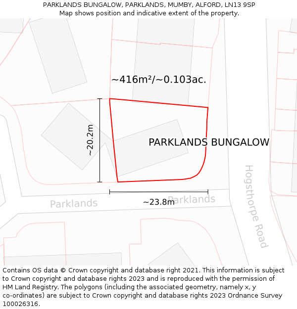 PARKLANDS BUNGALOW, PARKLANDS, MUMBY, ALFORD, LN13 9SP: Plot and title map
