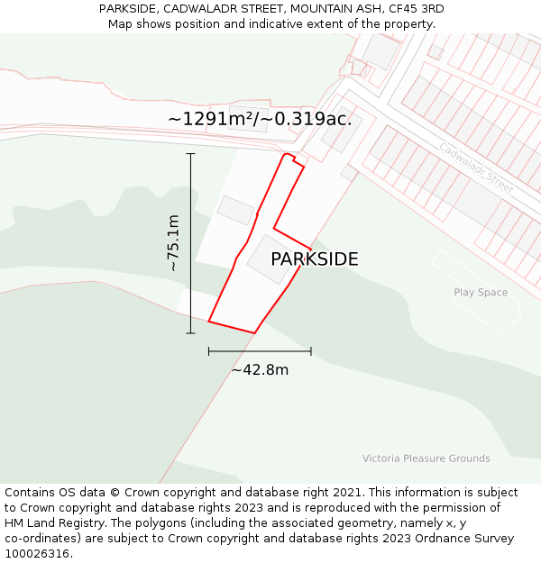 PARKSIDE, CADWALADR STREET, MOUNTAIN ASH, CF45 3RD: Plot and title map