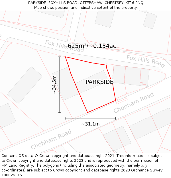 PARKSIDE, FOXHILLS ROAD, OTTERSHAW, CHERTSEY, KT16 0NQ: Plot and title map