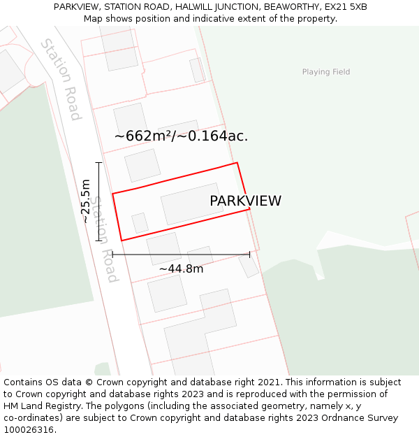 PARKVIEW, STATION ROAD, HALWILL JUNCTION, BEAWORTHY, EX21 5XB: Plot and title map
