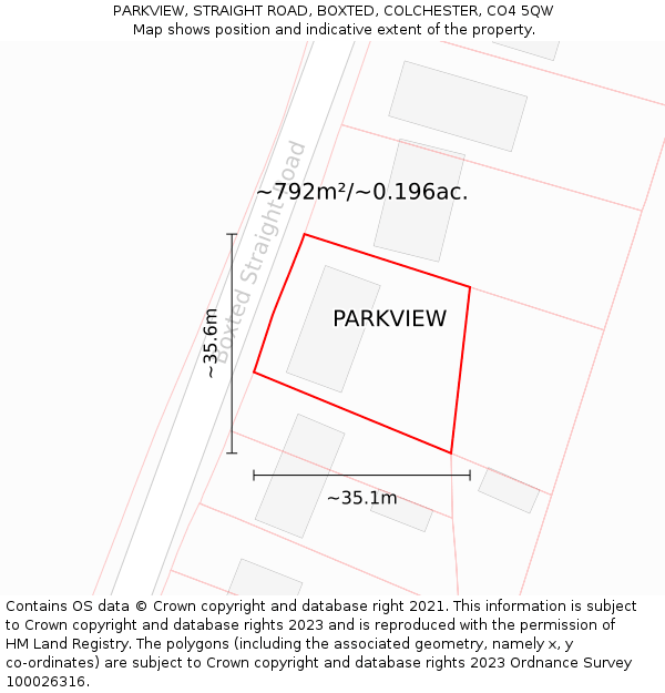 PARKVIEW, STRAIGHT ROAD, BOXTED, COLCHESTER, CO4 5QW: Plot and title map