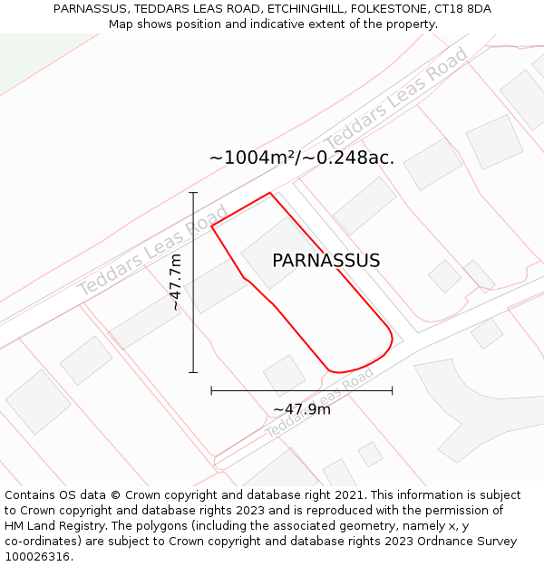 PARNASSUS, TEDDARS LEAS ROAD, ETCHINGHILL, FOLKESTONE, CT18 8DA: Plot and title map
