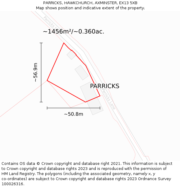 PARRICKS, HAWKCHURCH, AXMINSTER, EX13 5XB: Plot and title map