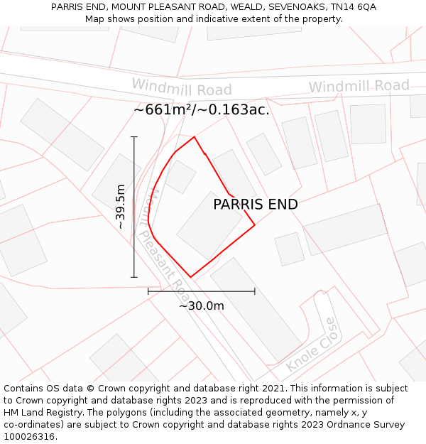 PARRIS END, MOUNT PLEASANT ROAD, WEALD, SEVENOAKS, TN14 6QA: Plot and title map