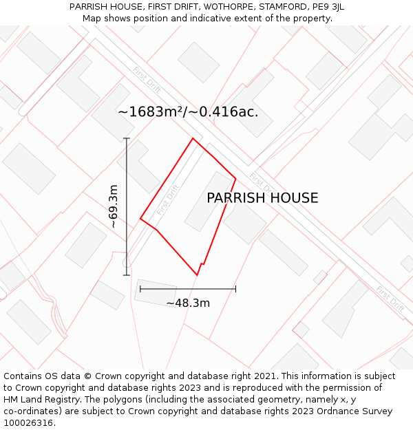 PARRISH HOUSE, FIRST DRIFT, WOTHORPE, STAMFORD, PE9 3JL: Plot and title map