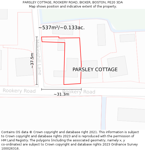 PARSLEY COTTAGE, ROOKERY ROAD, BICKER, BOSTON, PE20 3DA: Plot and title map