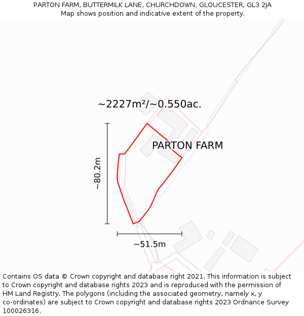 PARTON FARM, BUTTERMILK LANE, CHURCHDOWN, GLOUCESTER, GL3 2JA: Plot and title map