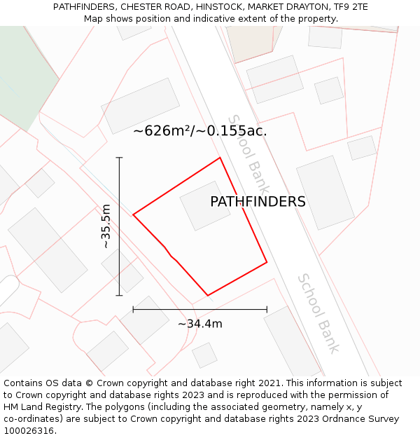 PATHFINDERS, CHESTER ROAD, HINSTOCK, MARKET DRAYTON, TF9 2TE: Plot and title map