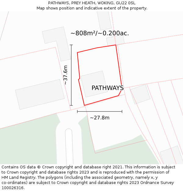 PATHWAYS, PREY HEATH, WOKING, GU22 0SL: Plot and title map