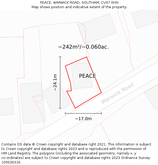 PEACE, WARWICK ROAD, SOUTHAM, CV47 0HN: Plot and title map