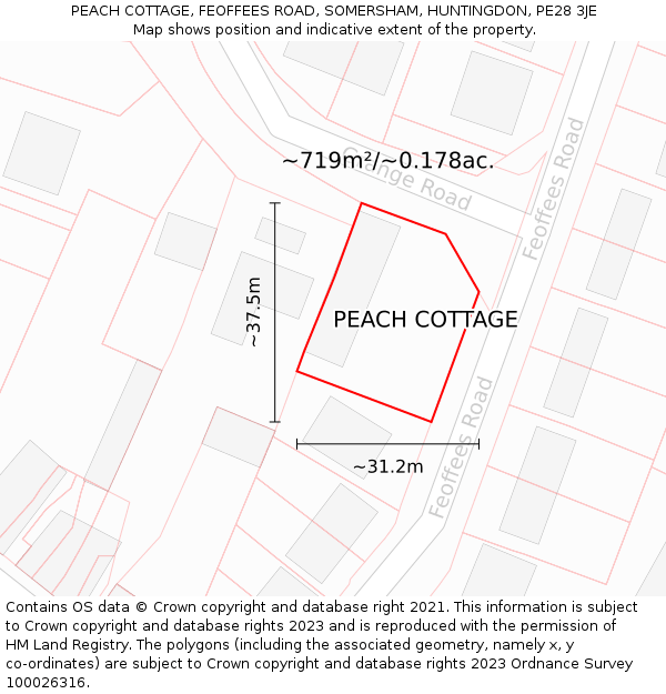 PEACH COTTAGE, FEOFFEES ROAD, SOMERSHAM, HUNTINGDON, PE28 3JE: Plot and title map