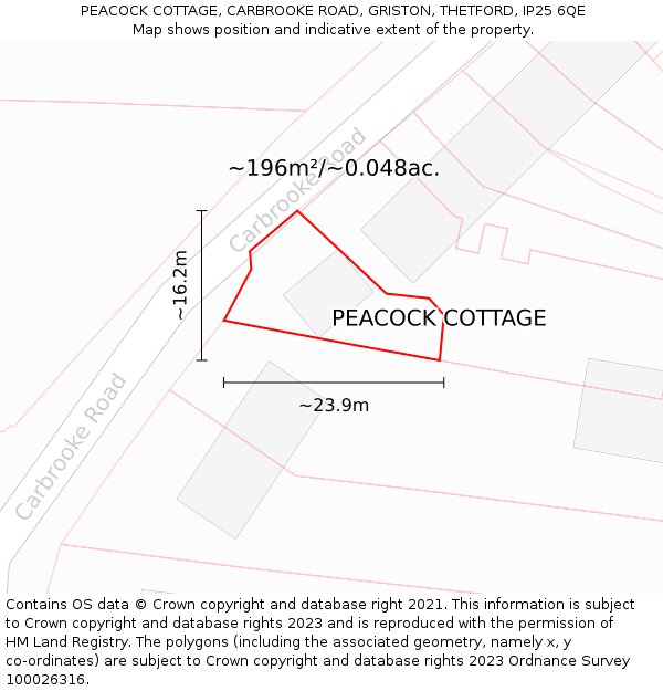 PEACOCK COTTAGE, CARBROOKE ROAD, GRISTON, THETFORD, IP25 6QE: Plot and title map