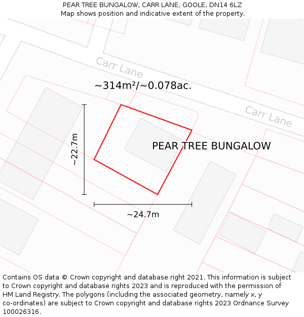 PEAR TREE BUNGALOW, CARR LANE, GOOLE, DN14 6LZ: Plot and title map