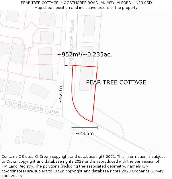 PEAR TREE COTTAGE, HOGSTHORPE ROAD, MUMBY, ALFORD, LN13 9SD: Plot and title map