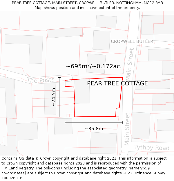 PEAR TREE COTTAGE, MAIN STREET, CROPWELL BUTLER, NOTTINGHAM, NG12 3AB: Plot and title map
