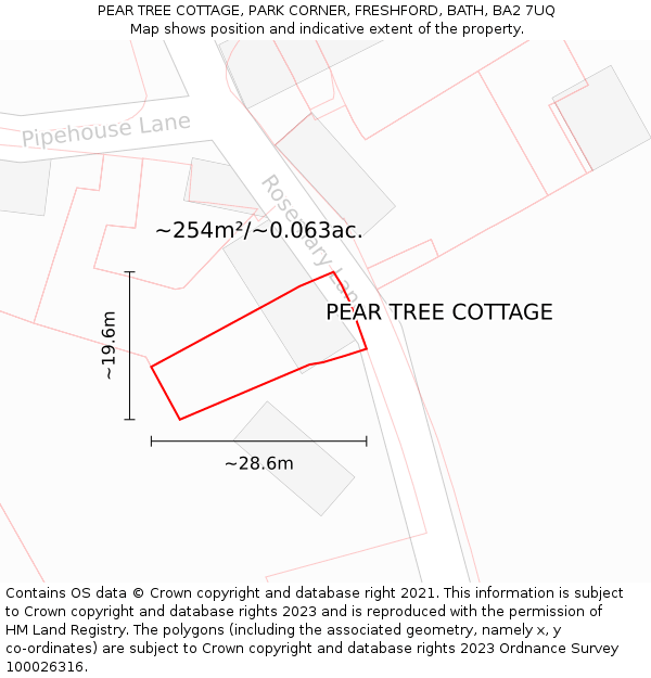 PEAR TREE COTTAGE, PARK CORNER, FRESHFORD, BATH, BA2 7UQ: Plot and title map