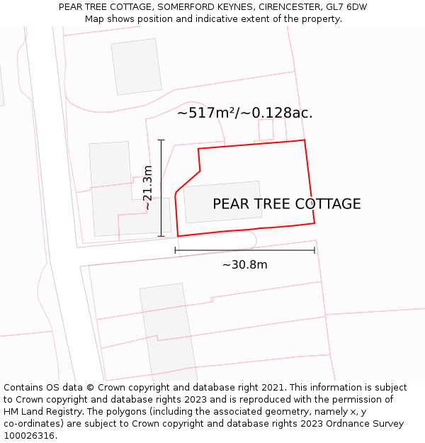 PEAR TREE COTTAGE, SOMERFORD KEYNES, CIRENCESTER, GL7 6DW: Plot and title map