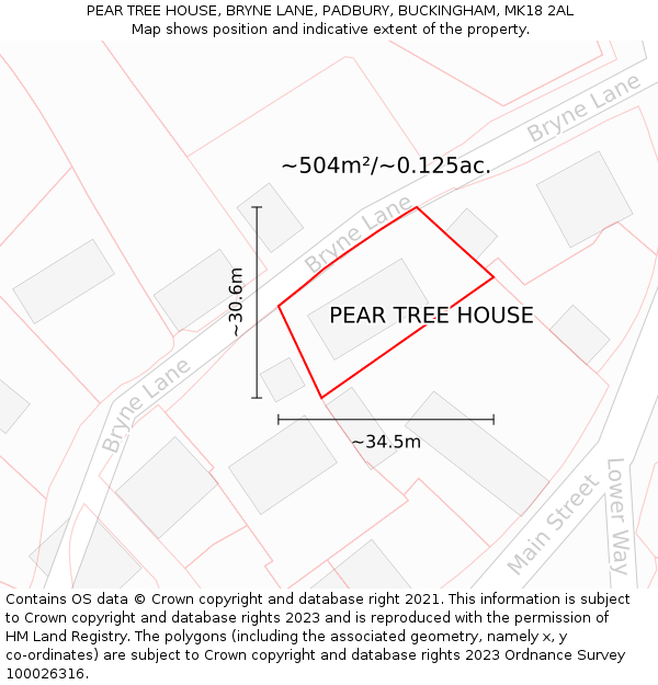 PEAR TREE HOUSE, BRYNE LANE, PADBURY, BUCKINGHAM, MK18 2AL: Plot and title map