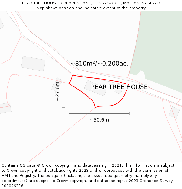 PEAR TREE HOUSE, GREAVES LANE, THREAPWOOD, MALPAS, SY14 7AR: Plot and title map