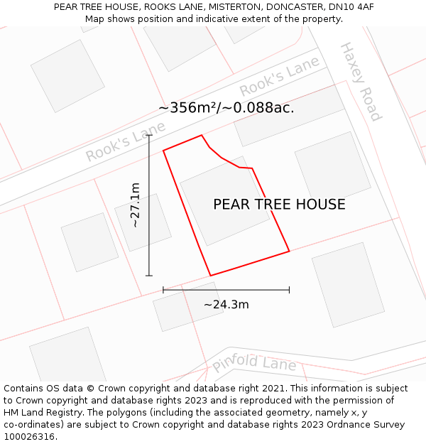 PEAR TREE HOUSE, ROOKS LANE, MISTERTON, DONCASTER, DN10 4AF: Plot and title map