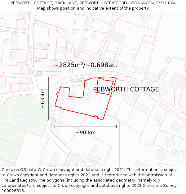 PEBWORTH COTTAGE, BACK LANE, PEBWORTH, STRATFORD-UPON-AVON, CV37 8XA: Plot and title map