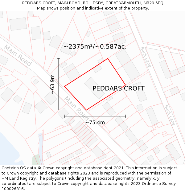 PEDDARS CROFT, MAIN ROAD, ROLLESBY, GREAT YARMOUTH, NR29 5EQ: Plot and title map