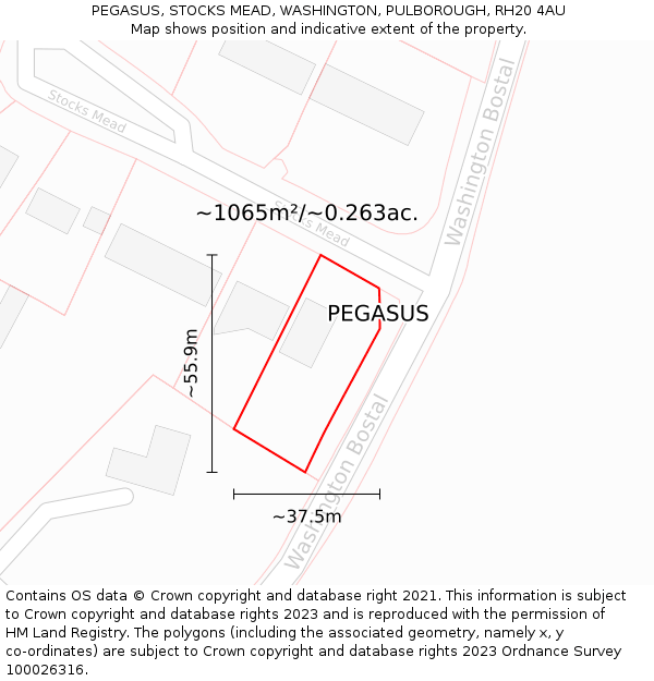 PEGASUS, STOCKS MEAD, WASHINGTON, PULBOROUGH, RH20 4AU: Plot and title map