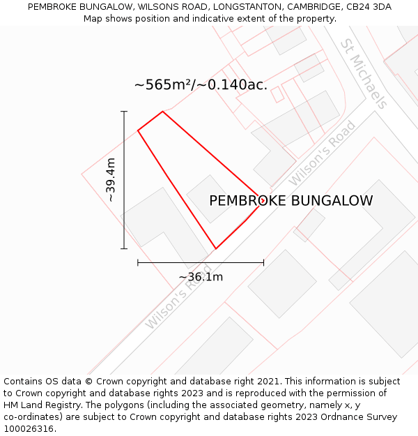 PEMBROKE BUNGALOW, WILSONS ROAD, LONGSTANTON, CAMBRIDGE, CB24 3DA: Plot and title map