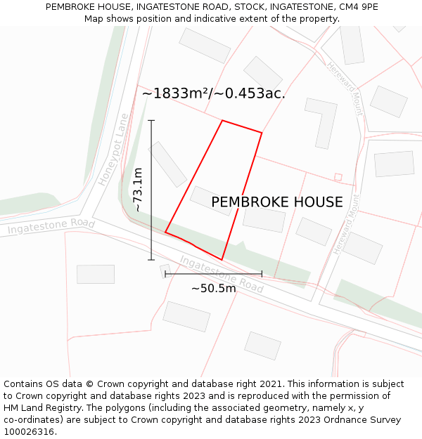 PEMBROKE HOUSE, INGATESTONE ROAD, STOCK, INGATESTONE, CM4 9PE: Plot and title map