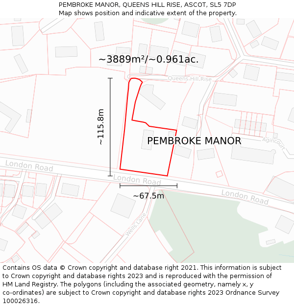PEMBROKE MANOR, QUEENS HILL RISE, ASCOT, SL5 7DP: Plot and title map