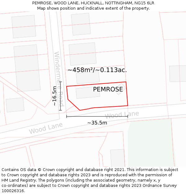 PEMROSE, WOOD LANE, HUCKNALL, NOTTINGHAM, NG15 6LR: Plot and title map