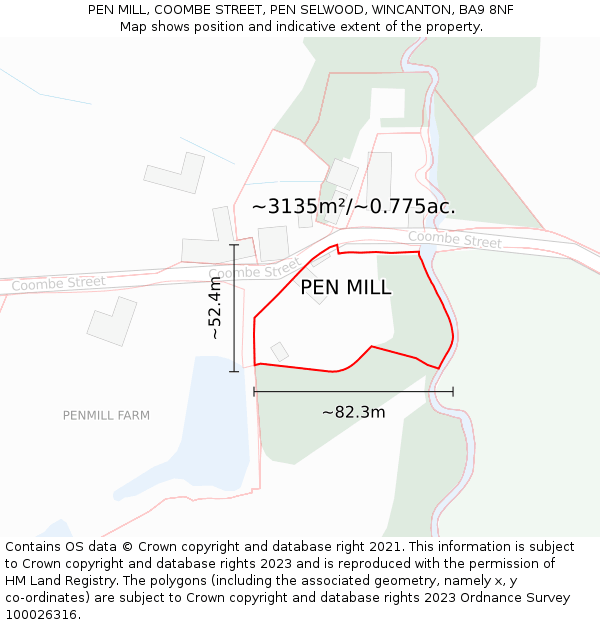 PEN MILL, COOMBE STREET, PEN SELWOOD, WINCANTON, BA9 8NF: Plot and title map