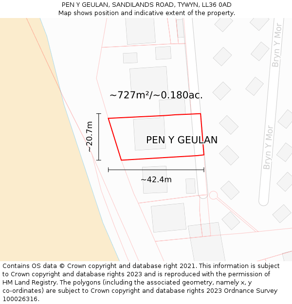 PEN Y GEULAN, SANDILANDS ROAD, TYWYN, LL36 0AD: Plot and title map