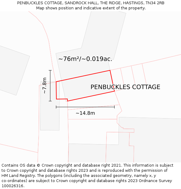 PENBUCKLES COTTAGE, SANDROCK HALL, THE RIDGE, HASTINGS, TN34 2RB: Plot and title map