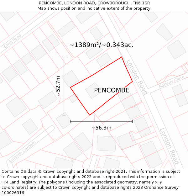 PENCOMBE, LONDON ROAD, CROWBOROUGH, TN6 1SR: Plot and title map