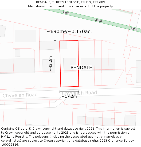 PENDALE, THREEMILESTONE, TRURO, TR3 6BX: Plot and title map
