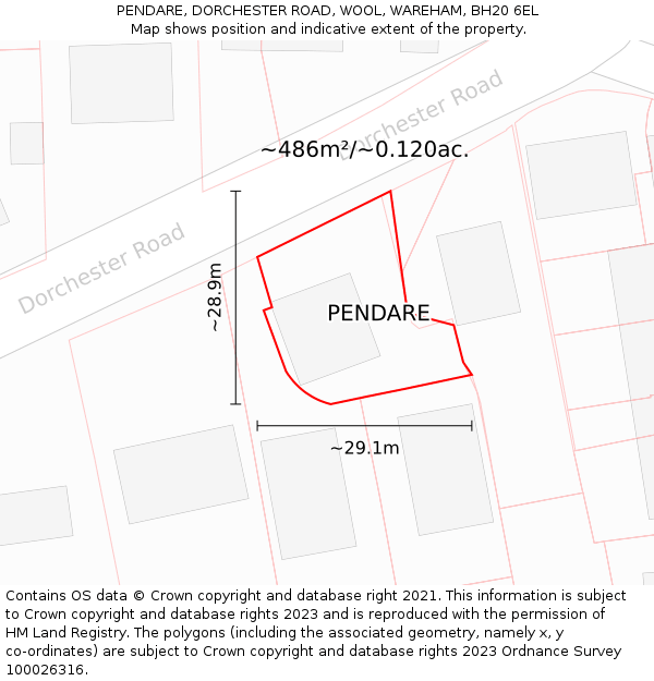 PENDARE, DORCHESTER ROAD, WOOL, WAREHAM, BH20 6EL: Plot and title map