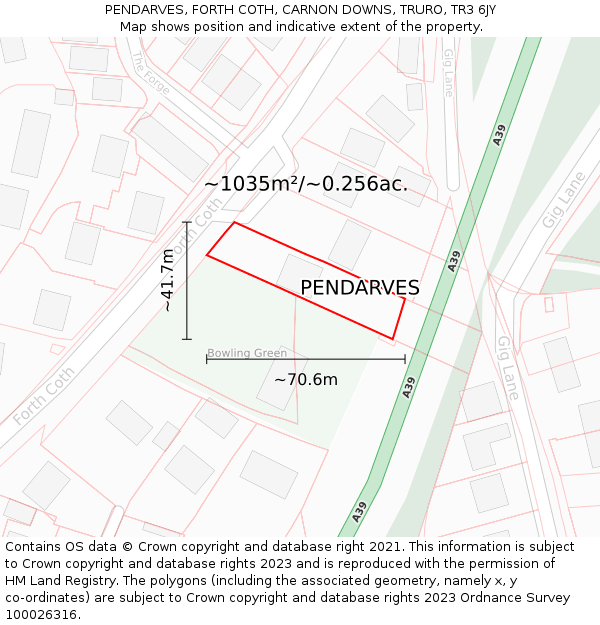 PENDARVES, FORTH COTH, CARNON DOWNS, TRURO, TR3 6JY: Plot and title map