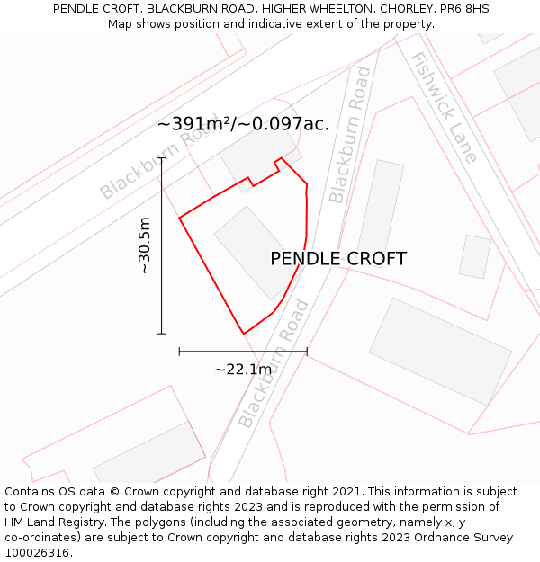 PENDLE CROFT, BLACKBURN ROAD, HIGHER WHEELTON, CHORLEY, PR6 8HS: Plot and title map
