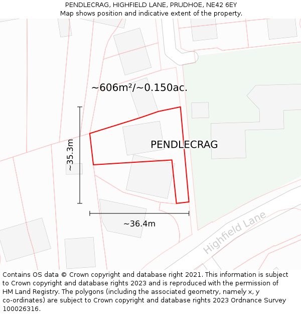 PENDLECRAG, HIGHFIELD LANE, PRUDHOE, NE42 6EY: Plot and title map