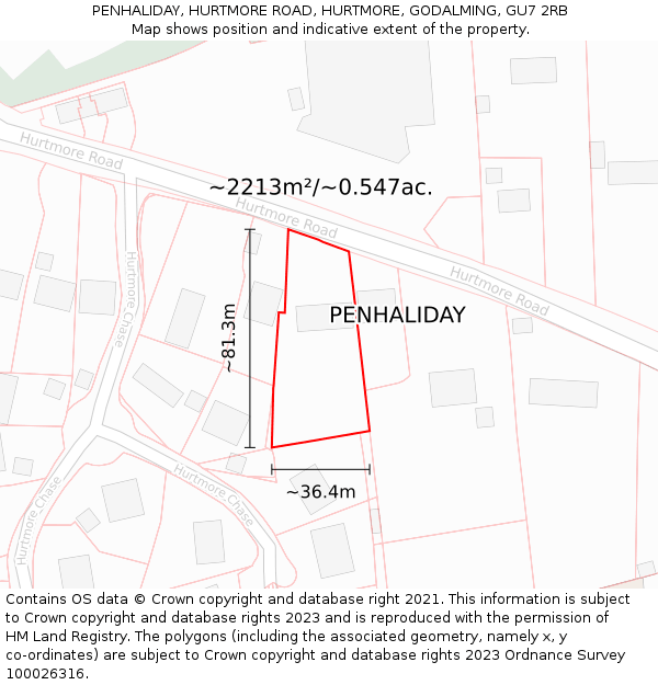 PENHALIDAY, HURTMORE ROAD, HURTMORE, GODALMING, GU7 2RB: Plot and title map