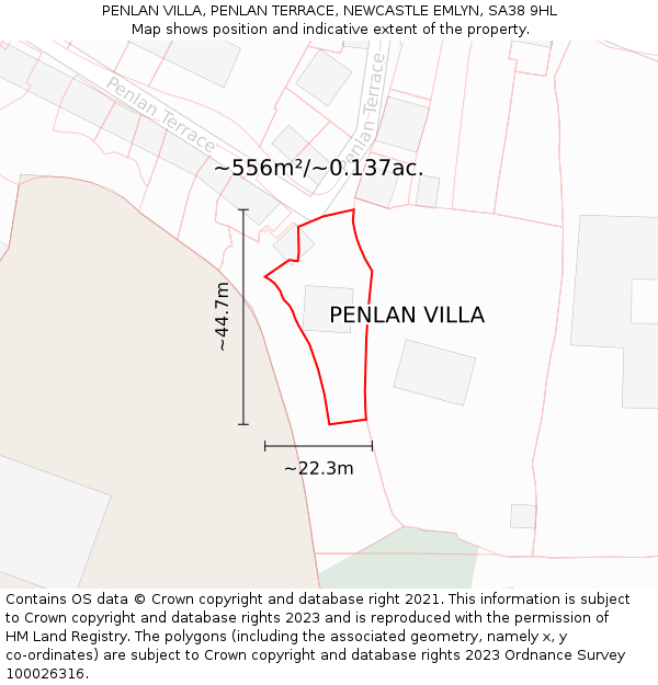 PENLAN VILLA, PENLAN TERRACE, NEWCASTLE EMLYN, SA38 9HL: Plot and title map