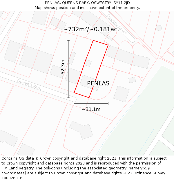 PENLAS, QUEENS PARK, OSWESTRY, SY11 2JD: Plot and title map
