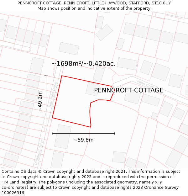 PENNCROFT COTTAGE, PENN CROFT, LITTLE HAYWOOD, STAFFORD, ST18 0UY: Plot and title map