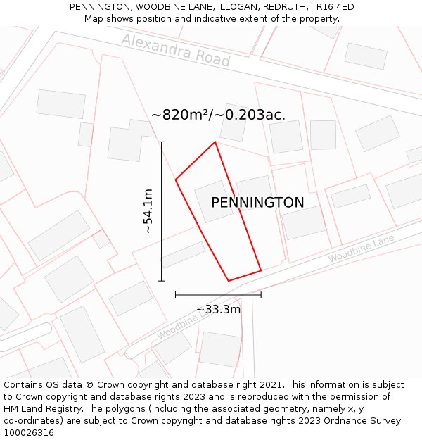 PENNINGTON, WOODBINE LANE, ILLOGAN, REDRUTH, TR16 4ED: Plot and title map