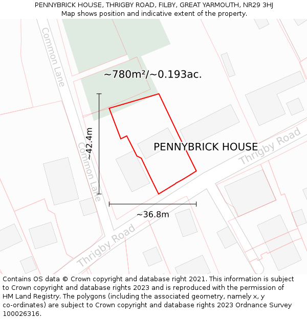 PENNYBRICK HOUSE, THRIGBY ROAD, FILBY, GREAT YARMOUTH, NR29 3HJ: Plot and title map